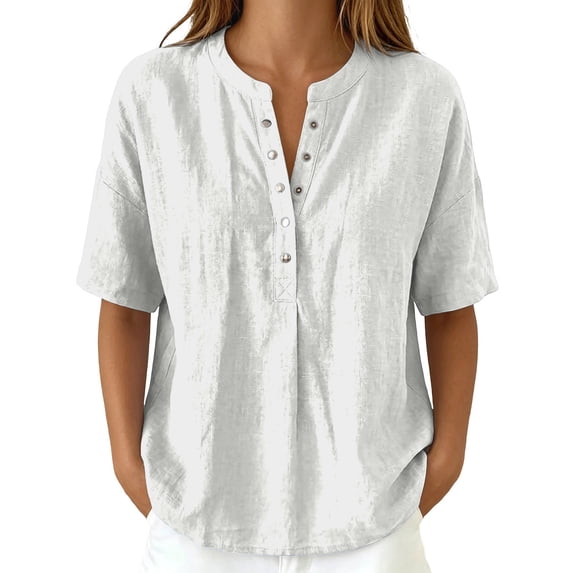 Daznico Women's Henley V Notch Neck Linen Blend Blouse Short Sleeve Casual Summer Loose Fit Solid Tops,XXL