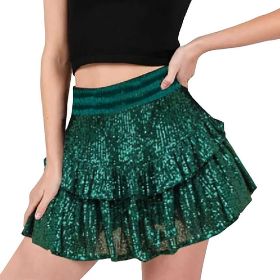 Daznico Women's High Waist Sequin Skirt, Glitter Ruffle Flowy Mini Skirt for Night Out, Club, and Party,Size L