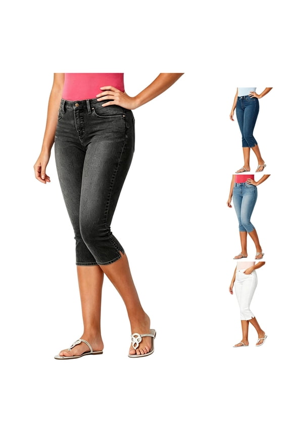 Women's High Waist Stretch Denim Fit Side Slit Hem Capri Jeans Breathable Casual Everyday Trousers,XS