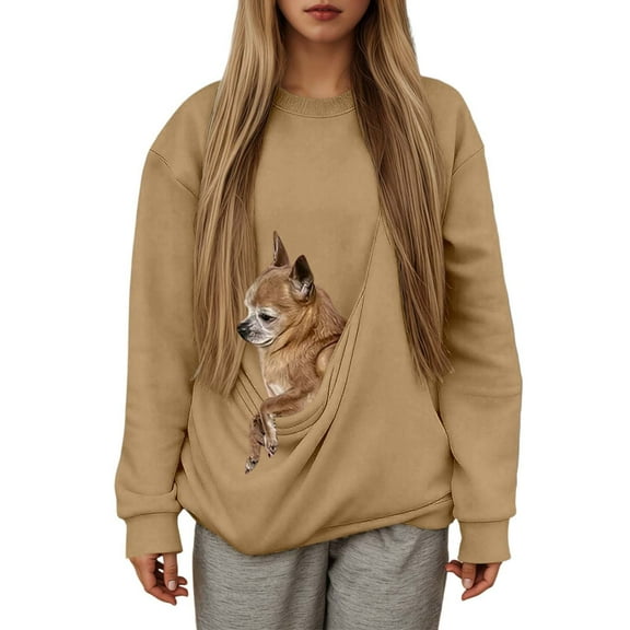 Daznico Women's Hoodless Sweatshirt with Pet Carrier Pocket | Soft Top for Pet Moms & Loungewear,Size:S