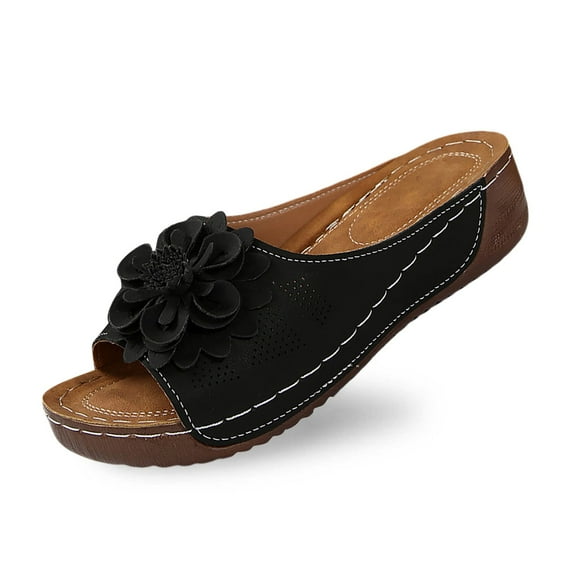 Daznico Women's Leather Flower Wedge Slippers - Stylish Open Toe Comfortable Shoes with Temperament,for Size 8.5
