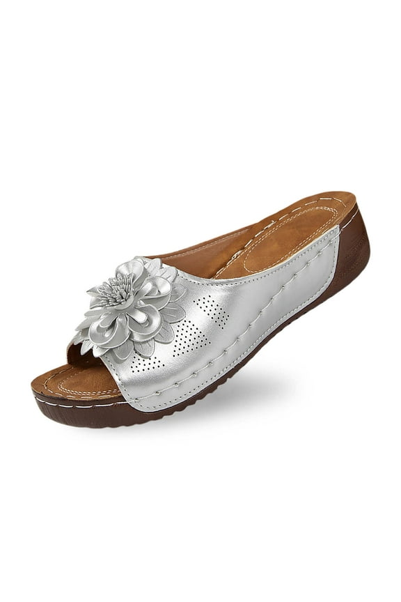 Women's Leather Flower Wedge Slippers - Stylish Open Toe Comfortable Shoes with Temperament,for Size 9.5