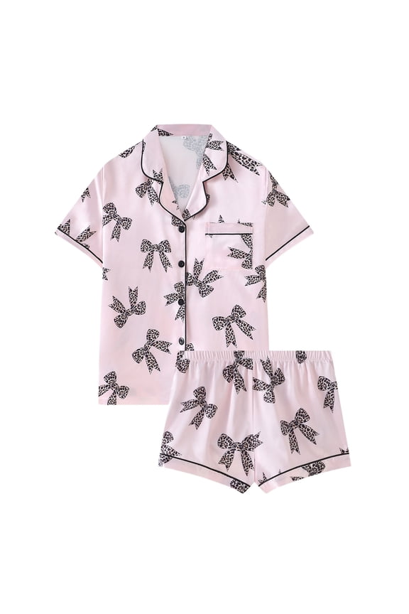 Women's Leopard Bow Print Satin Pajama Set Notched Collar Short Sleeve Top & Shorts Summer Loungewear,S