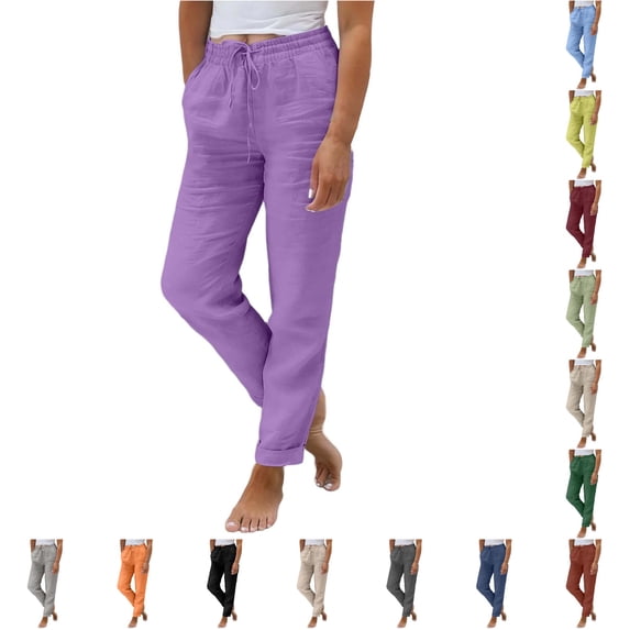 Daznico Women's Lightweight Linen Jogger Trousers Elastic Drawstring Waist Roll Side Pocket Oversized Elegant Summer Casual Hiking Bottoms,S
