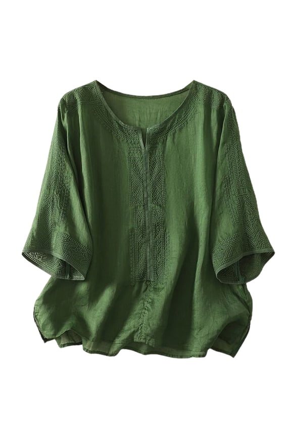 Women's Linen Blend 3/4 Dolman Sleeve Blouse, Boho Embroidered Crew Neck Loose Fit Casual Summer Top,3XL
