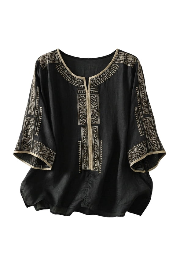 Women's Linen Blend 3/4 Dolman Sleeve Blouse, Boho Embroidered Crew Neck Loose Fit Casual Summer Top,3XL