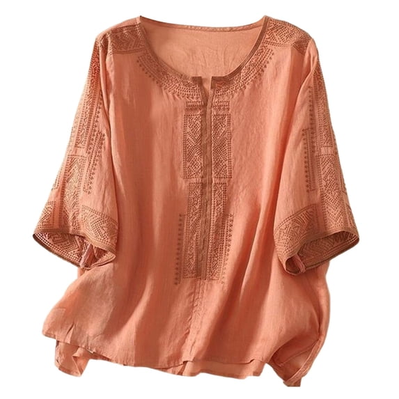 Daznico Women's Linen Blend 3/4 Dolman Sleeve Blouse, Boho Embroidered Crew Neck Loose Fit Casual Summer Top,3XL