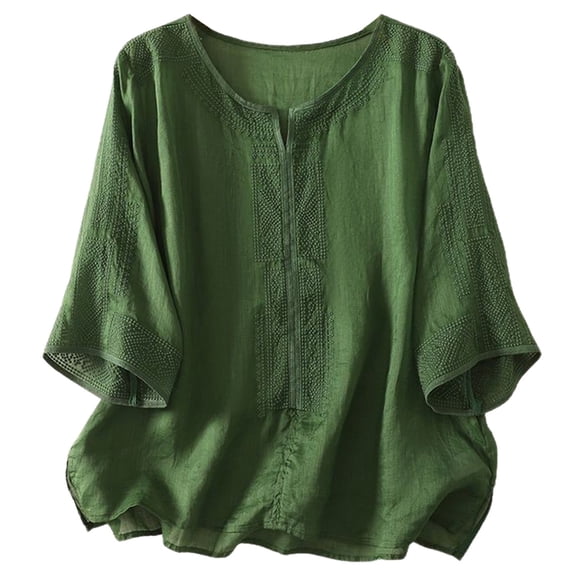 Daznico Women's Linen Blend 3/4 Dolman Sleeve Blouse, Boho Embroidered Crew Neck Loose Fit Casual Summer Top,M