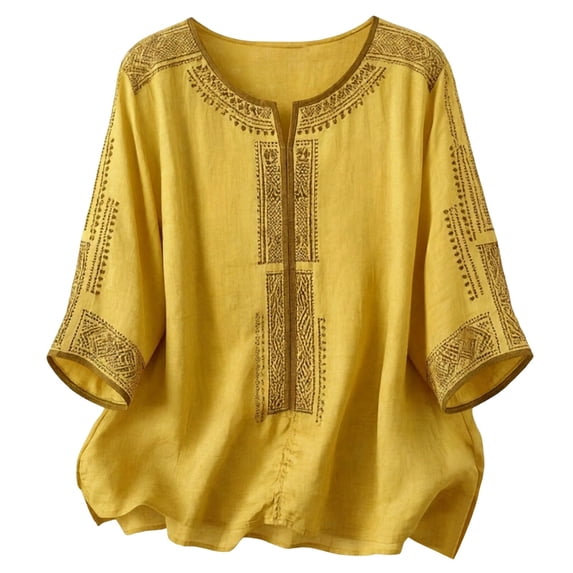 Daznico Women's Linen Blend 3/4 Dolman Sleeve Blouse, Boho Embroidered Crew Neck Loose Fit Casual Summer Top,XXL