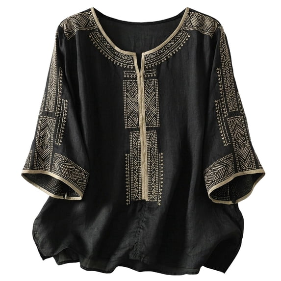 Daznico Women's Linen Blend 3/4 Dolman Sleeve Blouse, Boho Embroidered Crew Neck Loose Fit Casual Summer Top,XXL