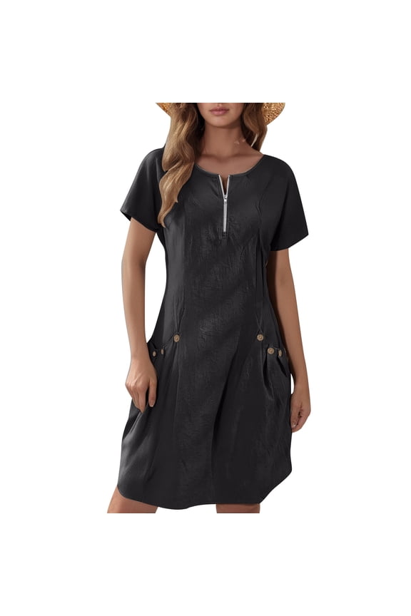 Women's Linen Blend Shift Dress Crew Neck Half-Zip Front Short Sleeve With Pockets,3XL