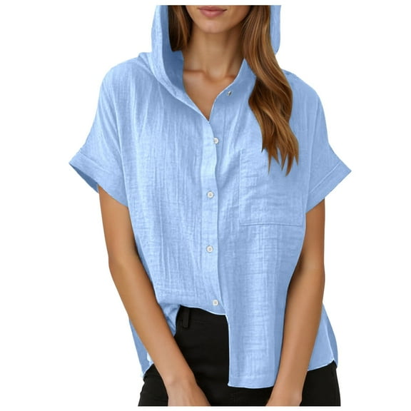 Daznico Women's Linen Lapel Shirt: Short Sleeve Button Down with Pocket | Beach Vacation & Summer Casual Top, for Size M