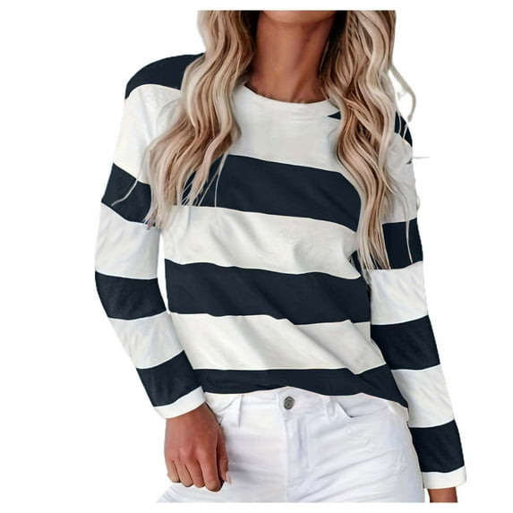 Daznico Women's Long Sleeve Color Block Crew Neck T-Shirt, Stripe Printed Blouse Top,Size S