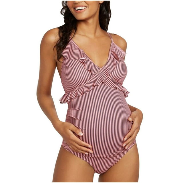 Daznico Women's Maternity One Piece Swimwear - Summer Beach Bikini with Ruffles & Striped Print, Nursing Friendly,for Size XL