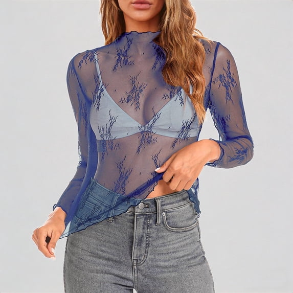 Daznico Women's Mesh Long Sleeve Top Neck Floral Embroidery Sheer See Through Layering Tee Blouse,M