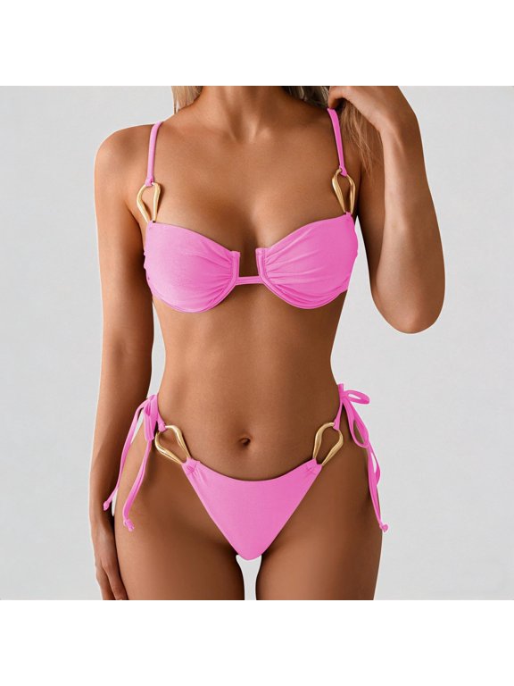 Women's Metal Ring Bikini Set, Underwire Push Up Top with Tie Side Bottoms,L