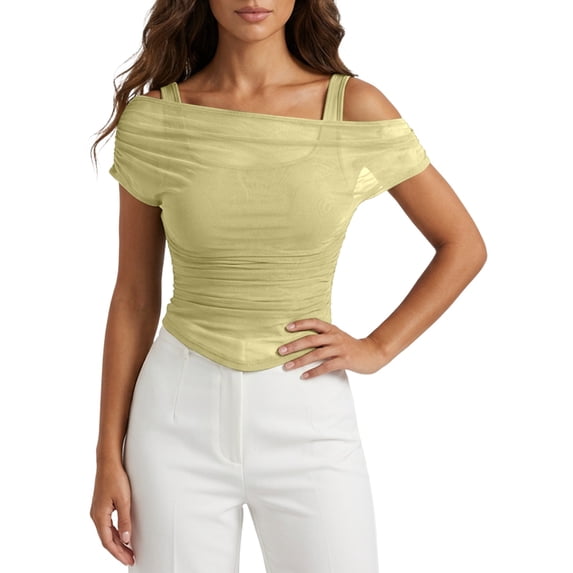 Daznico Women's Off Shoulder Mesh Layered Ruched Top with Double Straps Casual Summer Slim Fit Tops,S