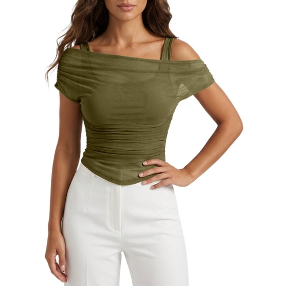 Daznico Women's Off Shoulder Mesh Layered Ruched Top with Double Straps Casual Summer Slim Fit Tops,S