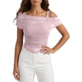 thumbnail image 1 of Daznico Women's Off Shoulder Mesh Layered Ruched Top with Double Straps Casual Summer Slim Fit Tops,XL, 1 of 5