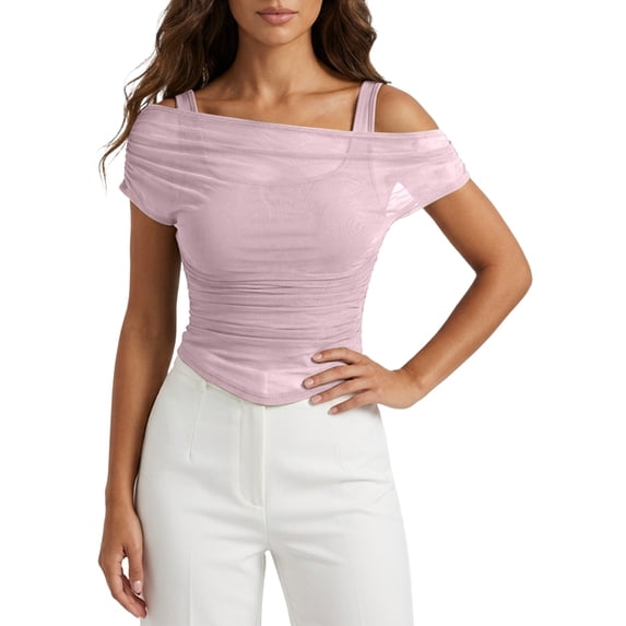 Daznico Women's Off Shoulder Mesh Layered Ruched Top with Double Straps Casual Summer Slim Fit Tops,XL