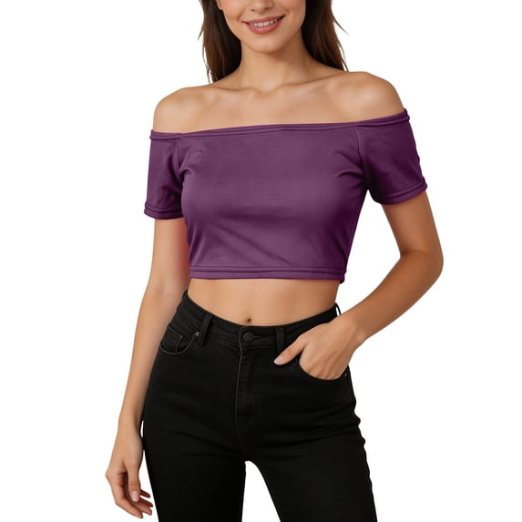 Daznico Women's Off The Shoulder Short Sleeve Crop Top Casual Summer Slim Fit Tops,S