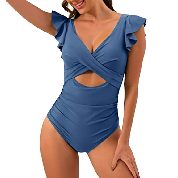 Daznico Women's One-Piece Swimsuit – Ruffle Cutout V-Neck Wrap Bathing Suit,Size L