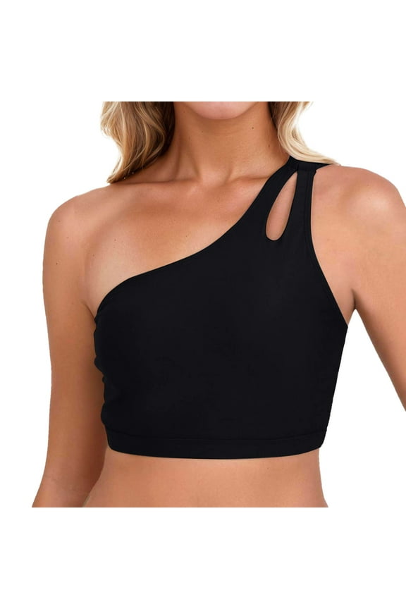 Women's One Shoulder Tankini Top - Keyhole Sports Bra with Full Coverage for Swim & Workout,Size M