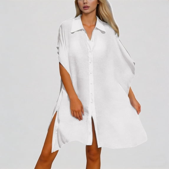 Daznico Women's Oversized Beach Cover Up Shirt, Loose Fit Chiffon Button Down Tunic with Side Slits for Swimwear,One Size