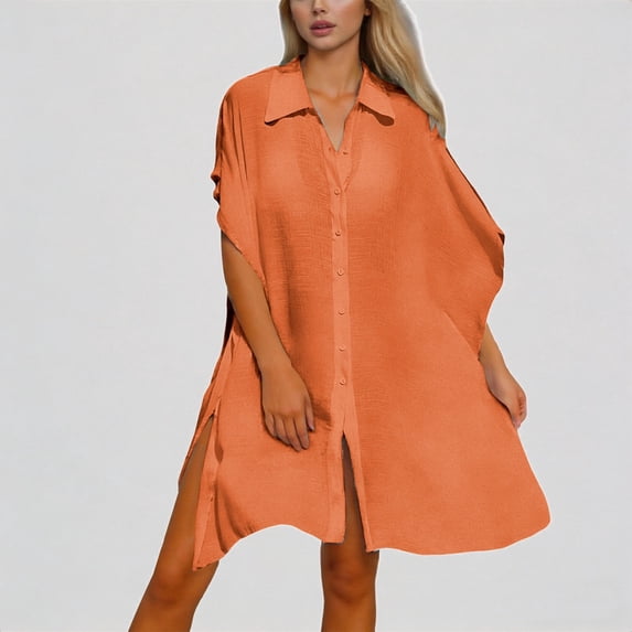 Daznico Women's Oversized Beach Cover Up Shirt, Loose Fit Chiffon Button Down Tunic with Side Slits for Swimwear,One Size
