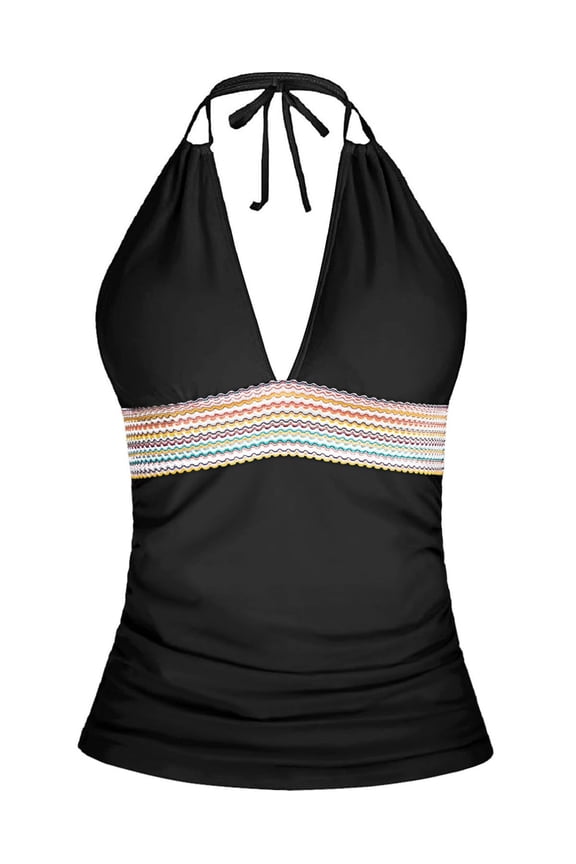 Women's Plus Size Halter Tankini Top, V-Neck Ruched Swim Top with Rainbow Wavy Stripe Detail,S
