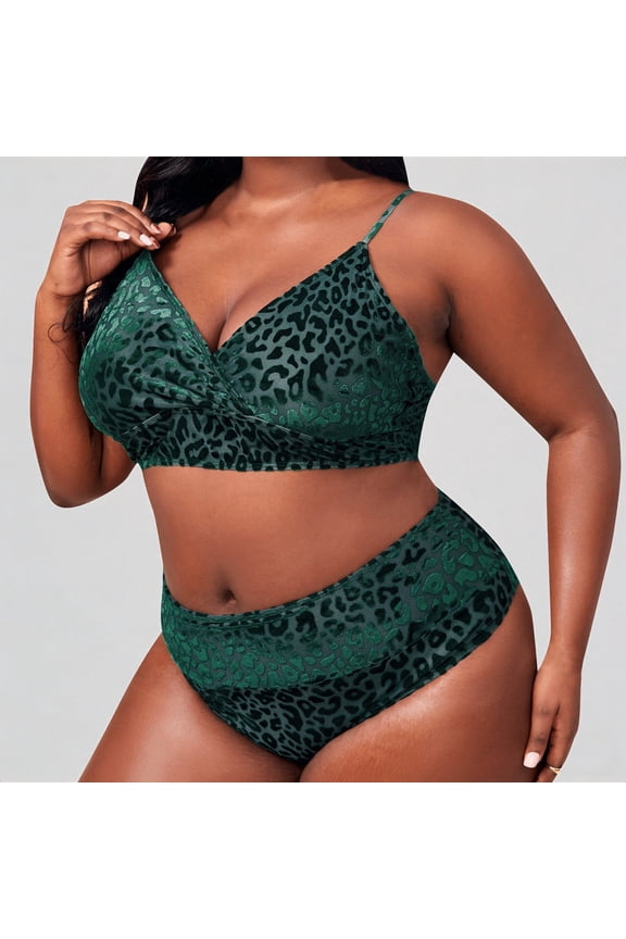 Women's Plus Size Leopard Velvet Bikini Set, Twist-Front High Waist Two Piece Swimsuit,3XL