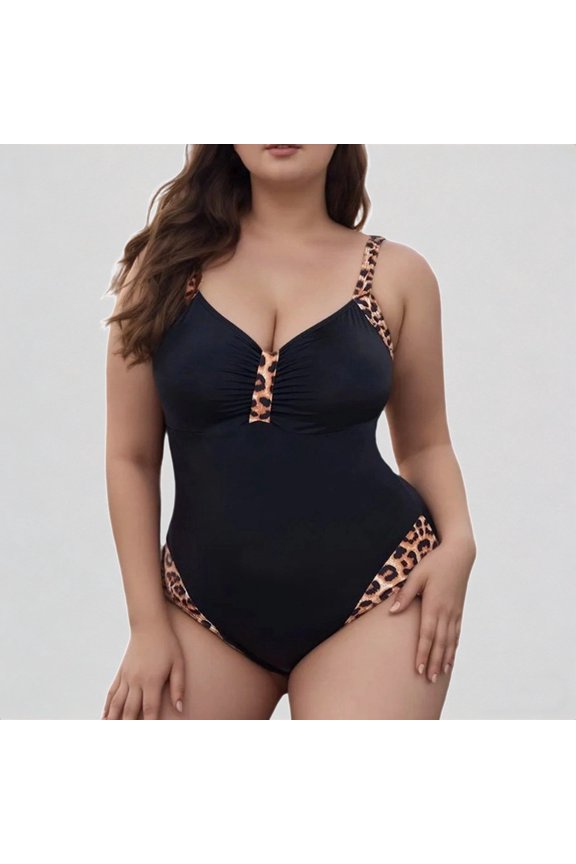 Women's Plus Size One-Piece Swimsuit, Leopard Print Trim V-Neck Tummy Control Swimwear,4XL