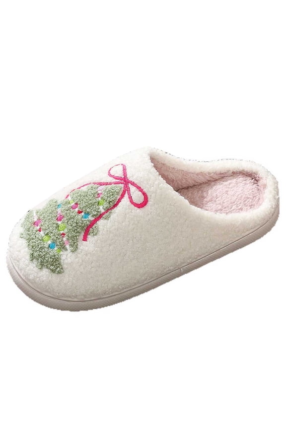 Women's Plush Slippers Non- Cozy Indoor Outdoor Bow Christmas Tree Design Warm House Shoes,Size:8