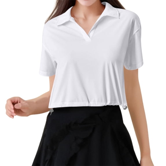 Daznico Women's Polo Collar Crop Tee, Short Sleeve Adjustable Ice Silk Top for Summer Fitness,S