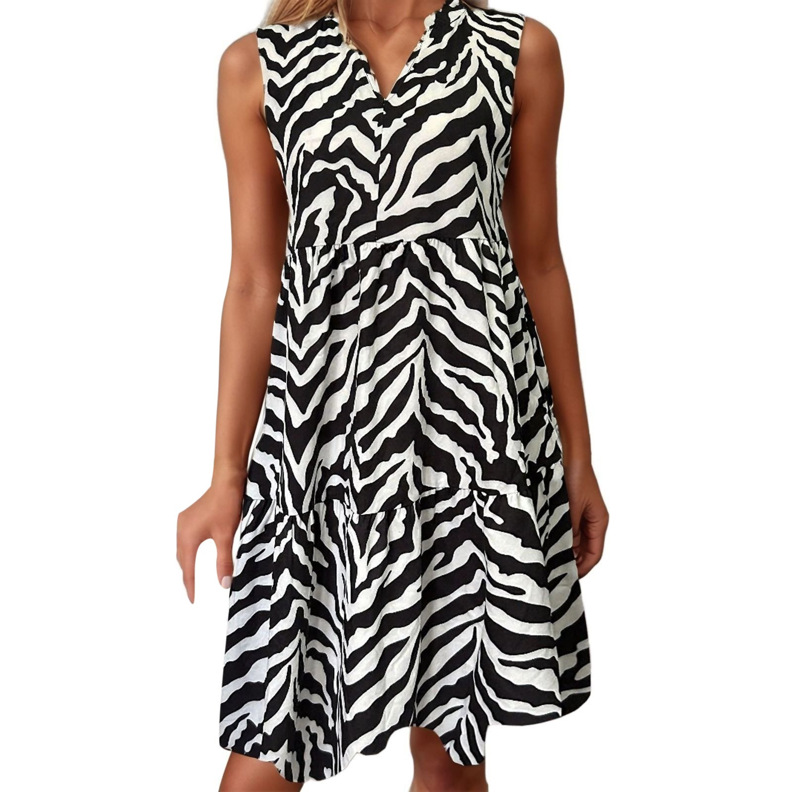 Daznico Women's Print V Neck Sleeveless Tiered Mini Dress, Casual ...
