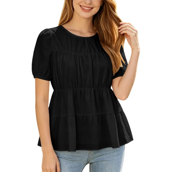 Daznico Women's Puff Sleeve Tiered Blouse Round Neck Peplum Tops Short Sleeve Casual Summer Loose Fit Shirts for Work,M