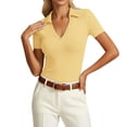 thumbnail image 1 of Daznico Women's Ribbed Knit V Neck Collared Short Sleeve Slim Fit Polo Top Casual Summer,L, 1 of 4