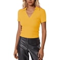 thumbnail image 1 of Daznico Women's Ribbed V-Neck Polo Top, Short Sleeve Fitted Casual Business Summer Work Tee,S, 1 of 3
