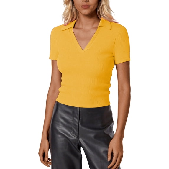 Daznico Women's Ribbed V-Neck Polo Top, Short Sleeve Fitted Casual Business Summer Work Tee,S