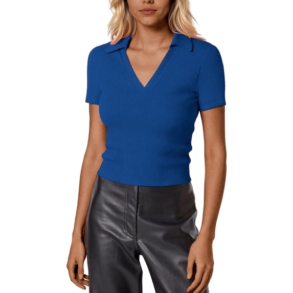 Daznico Women's Ribbed V-Neck Polo Top, Short Sleeve Fitted Casual Business Summer Work Tee,XXL