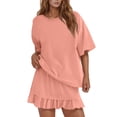 thumbnail image 1 of Daznico Women's Ruffle Hem Pajama Set, Oversized Short Sleeve Top & Skort, Casual Sleepwear,L, 1 of 6