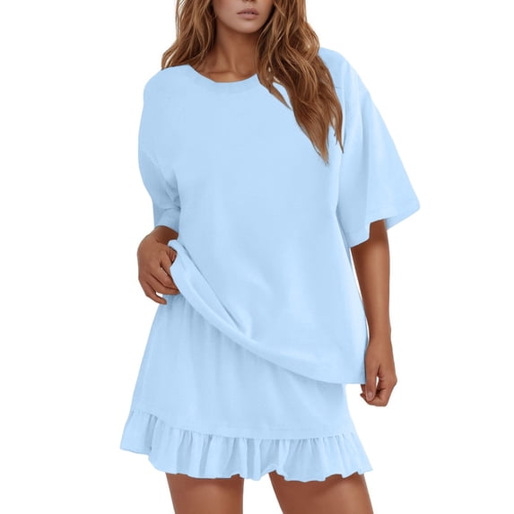 Daznico Women's Ruffle Hem Pajama Set, Oversized Short Sleeve Top & Skort, Casual Sleepwear,L