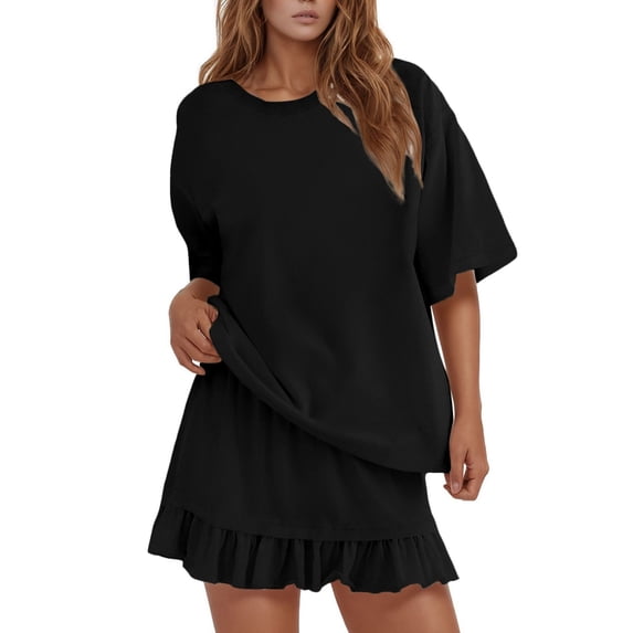 Daznico Women's Ruffle Hem Pajama Set, Oversized Short Sleeve Top & Skort, Casual Sleepwear,XL