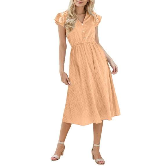 Daznico Women's Ruffle Sleeve Midi Dress V-Neck Button Front Smocked Waist Casual Summer Dress,XL