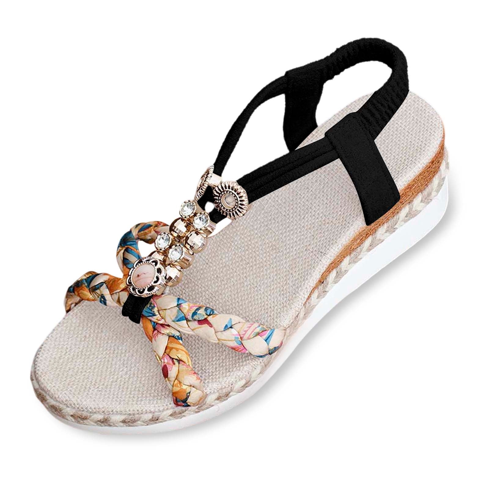Women's Summer Wedge Sandals 2025 - Rhinestone Platform, Thick Sole, Boho Beach Vacation Shoes