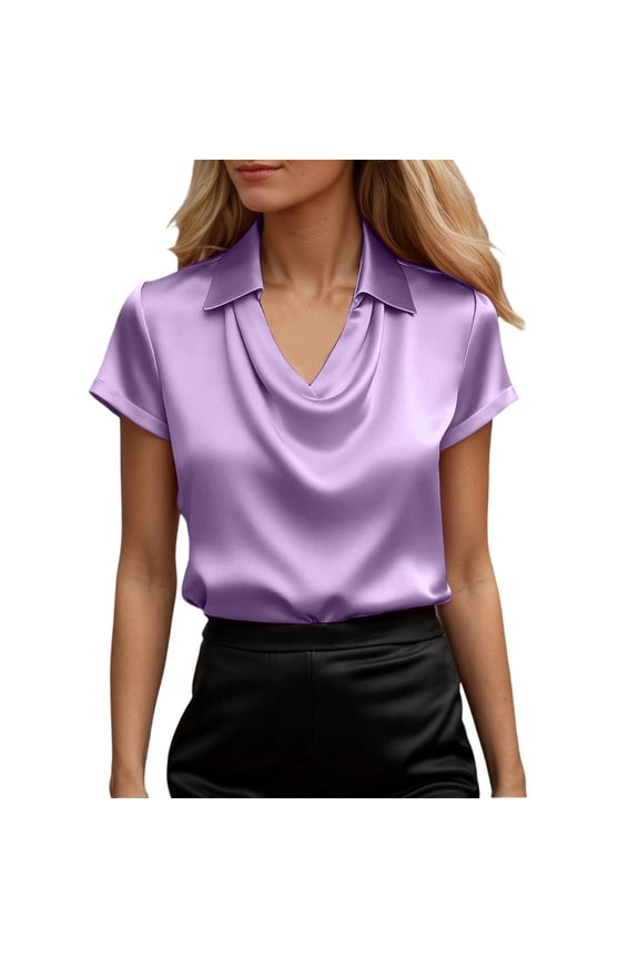 Women's Cowl Neck Short Sleeve Satin Blouse Elegant Collared Draped Top,4XL