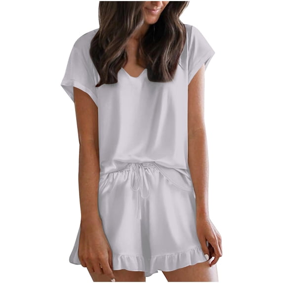 Daznico Women's Satin Pajama Set, V-Neck Short Sleeve Top & Ruffle Hem Shorts, Elegant Summer Sleepwear,L