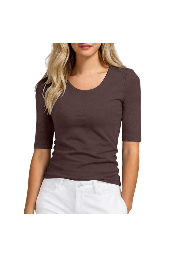 Women's Scoop Neck 3/4 Sleeve Slim Fit T Shirt Form Fitted Casual Basic Knit Tops for Layering Everyday Wear,S