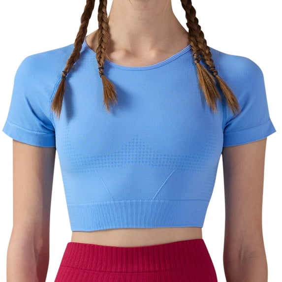 Daznico Women's Seamless Workout Crop Tee, Round Neck Breathable Top for Yoga & Gym,S