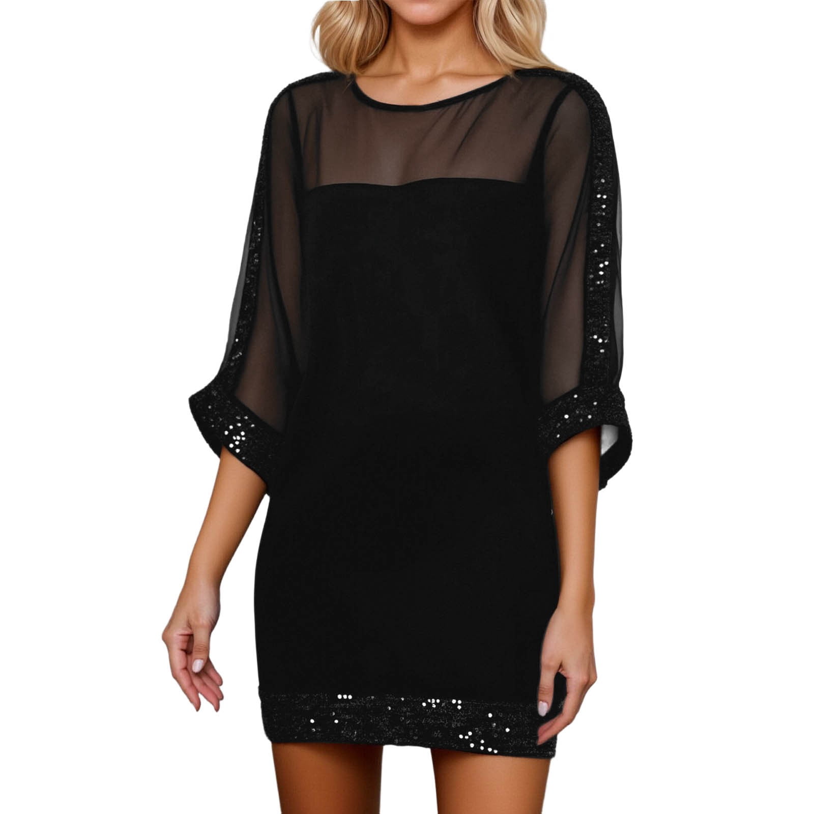 sequin sheer shift party dress Cusghjbsg Women Glitter Long Sleeve Round Neck Sheer Sequin Mini Dress with Solid Color Sleeveless Slip Dress 2 Piece Outfit (Black A, S) at Amazon Women's Clothing store